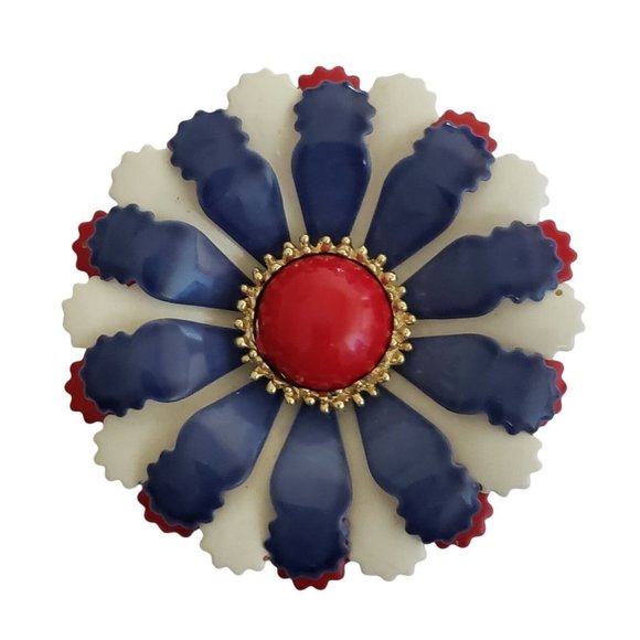 Vintage Red White Blue Enamel Flower Brooch Pin Daisy Patriotic Layered - Picture 9 of 12